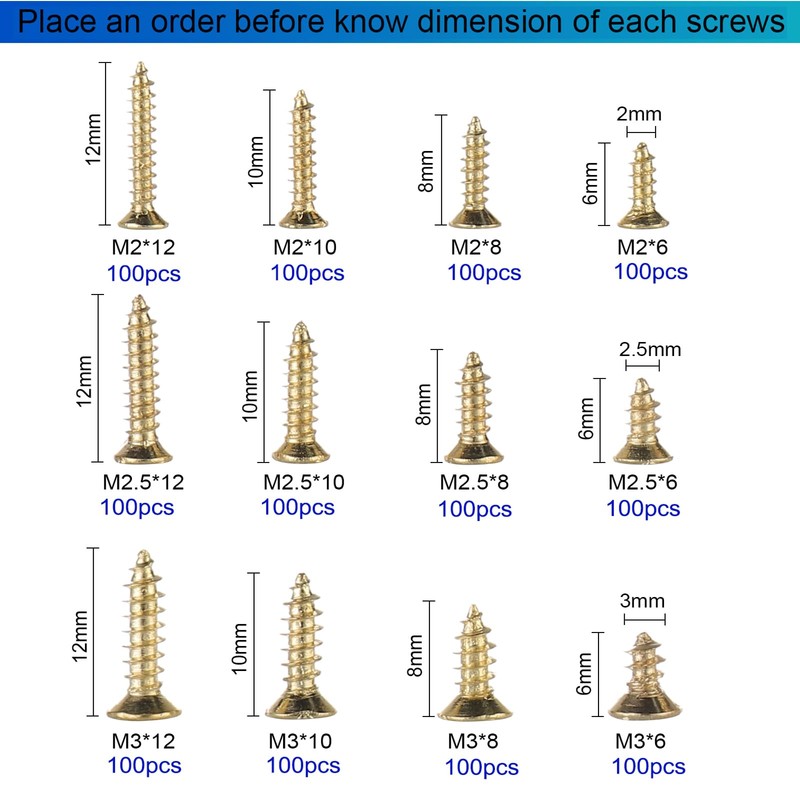 FandWay 1200Pcs M2 M2.5 M3 Phillips Flat Head Self-Tapping Screws,