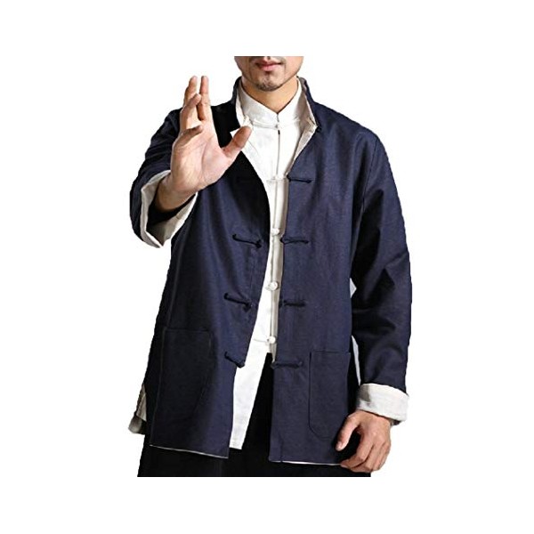 ZooBoo Kung Fu Jacket Both Sides Wear Tops Martial Arts Long Jersey (L, Dark Blue with Beige)