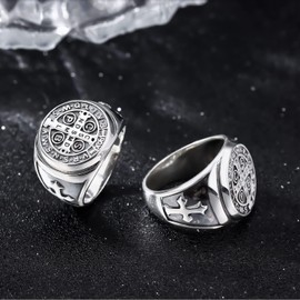Odinstone Sterling Silver St Benedict Ring, Saint Benedict Exorcism Ring Catholic Roman Cross Protection Amulet Gifts for Men Size#7-13, 10, Sterling Silver, No Gemstone