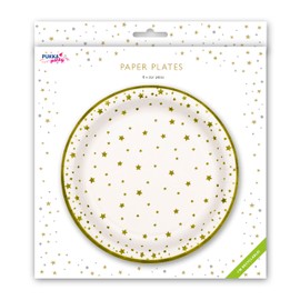 PUKKA party Christmas Star Plates – 8 Printed Gold Effect Disposable Dinner Plates with 23cm Diameter for Festive Home and Office Celebrations for Kids & Adults – Recyclable Card Packaging