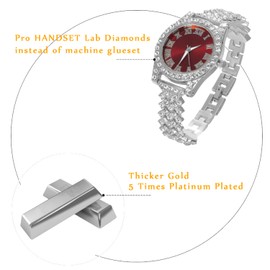 Halukakah Diamonds Gold Watch Iced Out, Kid's Platinum White Gold Plated 36MM Width Red Dial Quartz Wristband 8", Free Giftbox
