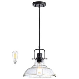 Zlepmlla Black Industrial Pendant Light Farmhouse 1-Light with Adjustable Cord, Seeded Glass Shade,Rectangle Cute Hanging Lights for Hallway, Kitchen Island, Dinning Room