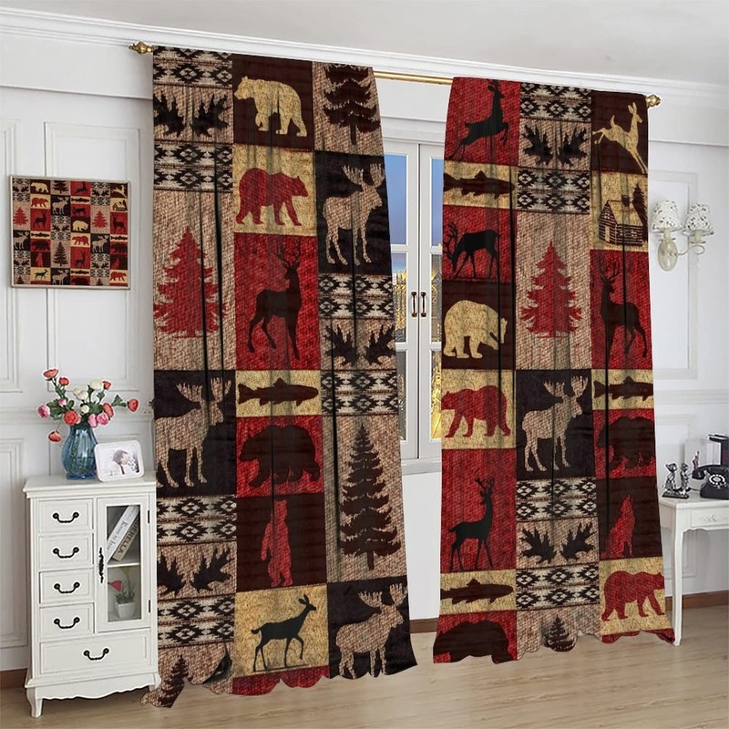 Kazynee Vintage Check Black Bear Blackout Curtains for Bedroom,Rustic Country