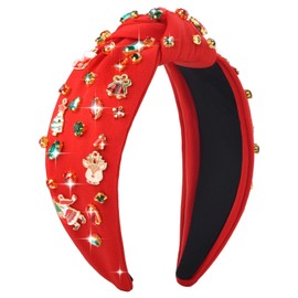 ABONDEVER Christmas Headbands for Women Rhinestone Beaded Knotted Headband Crystal Jeweled Christmas Tree Headband Wide Reindeer Headband Christmas Hair Accessories Gifts (Christmas Red)