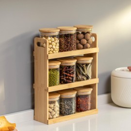 Basicwise Versatile 3-Tier Bamboo Spice Rack and Pantry Organizer with 9 Glass Jars – Perfect for Countertop Storage in Kitchens to Keep Seasoning Containers Neatly Displayed and Easily Accessible