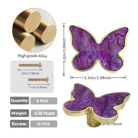 BAOTXHBR 6 pcs Butterfly Shape Knobs Handle Gold Cabinet Knobs Decoration Door Handle Single Hole Handles Cabinet Drawer Dresser Kitchen Wardrobe Furniture Hardware Pulls (Purple)