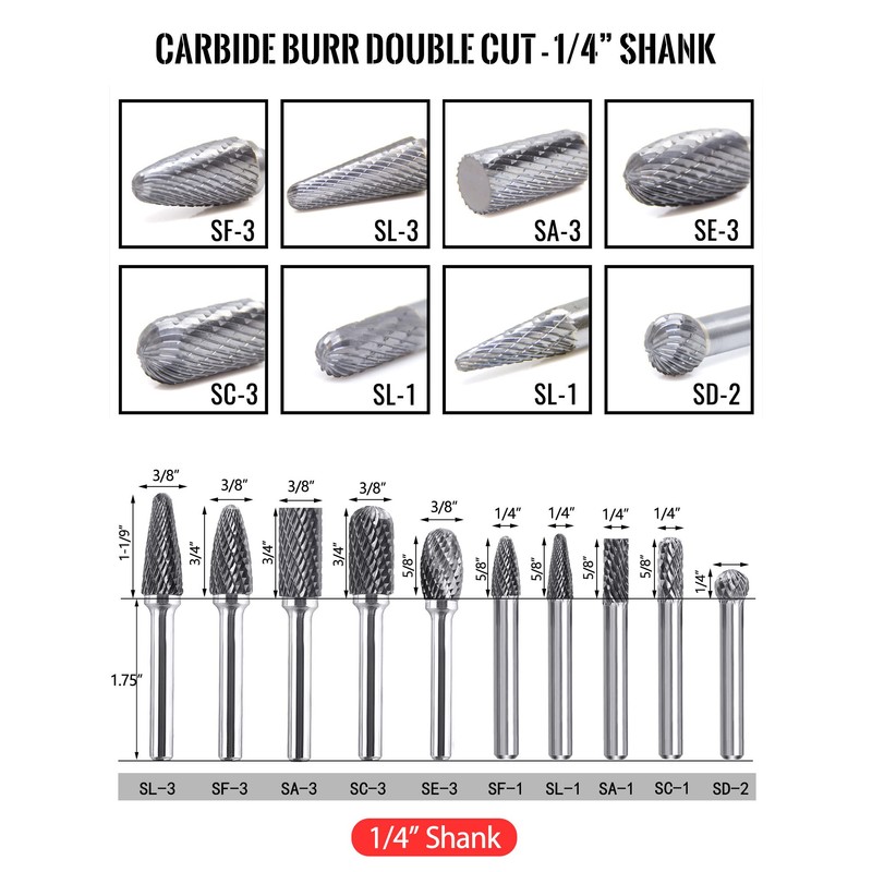 JEEKVISEN Tungsten Carbide Burr Set 1/4" Shank 10Pcs Die Grinder