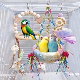 Magnoloran Bird Nest for Cage Bird Breeding Bed Cockatiel Snuggle Nest Parakeet Swing Bed Bird Hanging Hammock Parrot Sleeping Hut for Conure, Budgie, Lovebird, Finch, Small Pets-Pink, Large Size