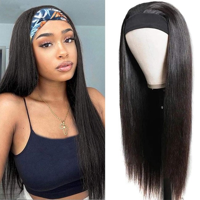 Headband Wigs for Black Women, Peruvian Straight Human Hair Wigs None Lace Front Glueless Wigs 150% Density Machine Made Headband Wigs Human Hair Natural Color(24 Inch)