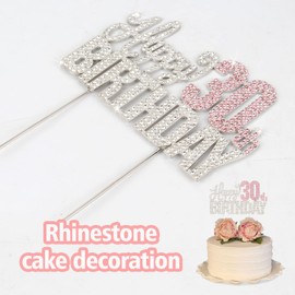 Nelbiirth Decoración para tartas con diamantes de imitación plateados y rosados de 30 años, diseño de «Cheers to 30 Years» de metal brillante para decoración de tartas.