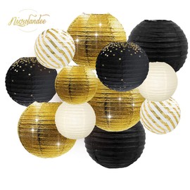 NICROLANDEE Black and Gold Party Decorations - 12Pcs Black Gold Metallic Foil Paper Lanterns Decorative for Birthday, Weddings, Baby Showers, Graduations, Garden Party, Anniversary Decorations