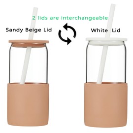 Sunseeke Glass Tumbler with Straw and Lid, 16oz Ice Coffee Cup, Silicone Sleeve Cleaning Brushes, Drinking Glasses for Water, Iced Coffee, Smoothie - BPA Free (Sandy Beige)