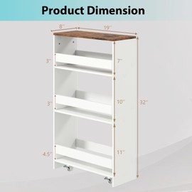 POWERSTONE 4-Tier Slim Storage Cart, Narrow Kitchen Rolling Cart w/Handle & Open Shelves, Skinny Slide Out Utility Organizer Trolley for Kitchen Bathroom Laundry Small Spaces White & Rustic Brown
