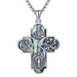 HUKKUN Four Way Cross Necklace Sterling Silver Abalone Shell Miraculous Medal Necklace Scapulars Catholic Jewelry Gift for Men