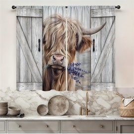 Famiffty Highland Cow Farmhouse Kitchen Curtains 27.5W X 39L Inch 2 Panels Rod Pocket Rustic Bull Country Barn Door Small Short Cafe Tier Window Drapes Western Wooden Lavender Bathroom Home Decor