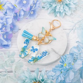 MWOOT Initial Letter W Keychain Resin Alphabet Keyrings,Blue Petals Gold Foil Key Ring Charm with Butterfly Tassel Pendant,Kawaii Key Chain for Womens Gift Ideas Wallet Purse Bag Handbag Decor (W)