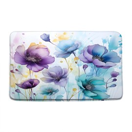 LAEDCIITI Watercolor Floral Bath Mat Purple Teal Colorful Flower Leaves Modern Modern Abstract Vibrant Wildflower Plant Minimalist Bath Rug,Absorbent Doormat Bedroom Rug Kitchen Toilet