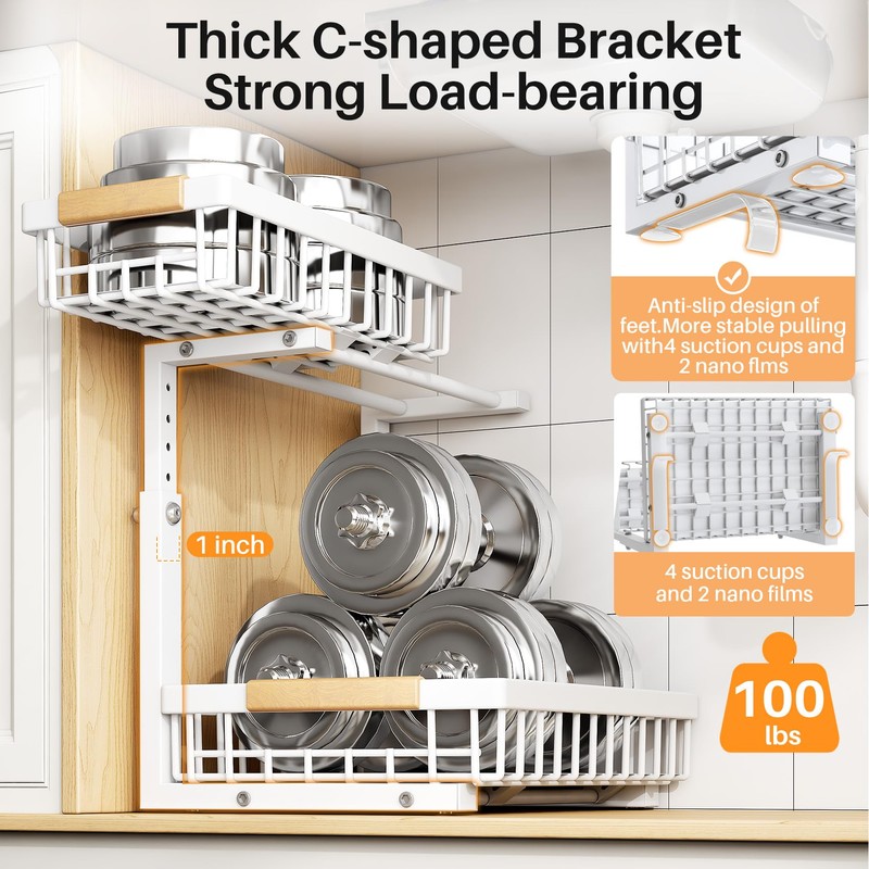 PXRACK Under Sink Organizer, Adjustable Height, 2 Tier Pull Out