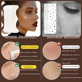 Joybble Glitzer Gesicht Sommersprossen Tattoo, 10 Stück Glitzertattoos Gold für Kinder und Frauen, Temporäre Tattoos für Erwachsene, Festival Accessoires, Boho Gesichtsdekor, Stern