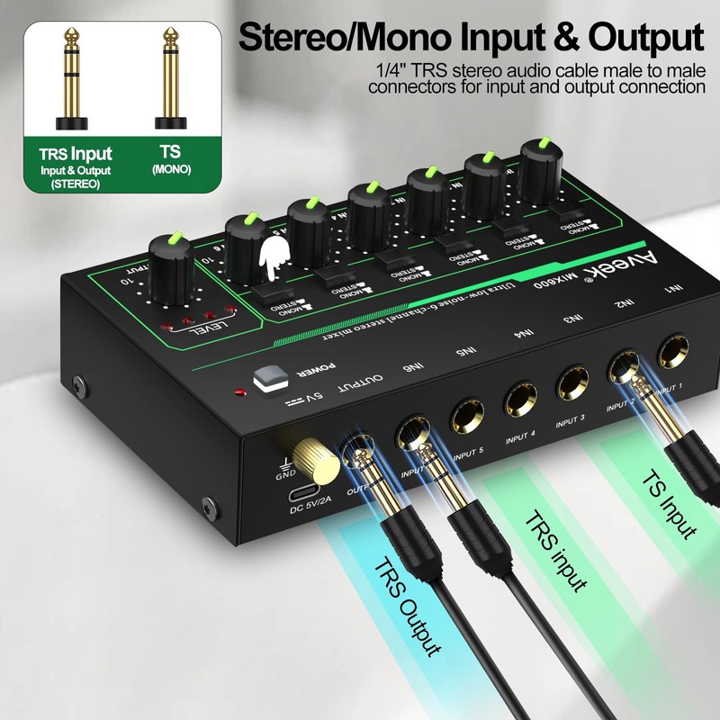 Aveek 6 Channel Mixer - Mini 6 Stereo Audio Mixer,