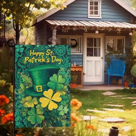 Dacawin Happy St. Patrick's Day Shamrock Garden Flag Double Sided 12 x 18 Inch Green Hat with Clovers Decorative Garden Yard Flags for Home Decor