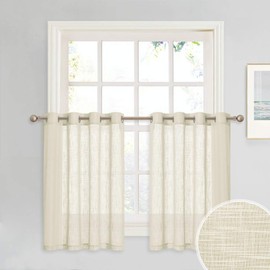 PONY DANCE Sheer Window Valances - Kitchen Curtains Voile Linen Look Semi-Transparent Tiers Short Drapes for Small Window Basements / Cafe, 52" Wide x 36" Long, Cream Beige, Set of 2