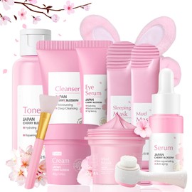 Sakura Skincare Set Women Gift Set - Japan Skin Care Set - Face Care Set Girls - Sakura Face Care Set with Cleanser, Toner, Serum, Cream, Mask - Cleansing, Moisture and Firming, 10 Pieces