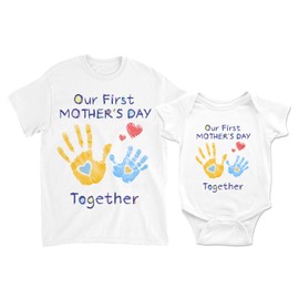 OXUBOAO Our First Mothers Matching Outfits Mommy and Me Shirts 100% Cotton 1st for New Mom Baby (Baby, 6-9M) White