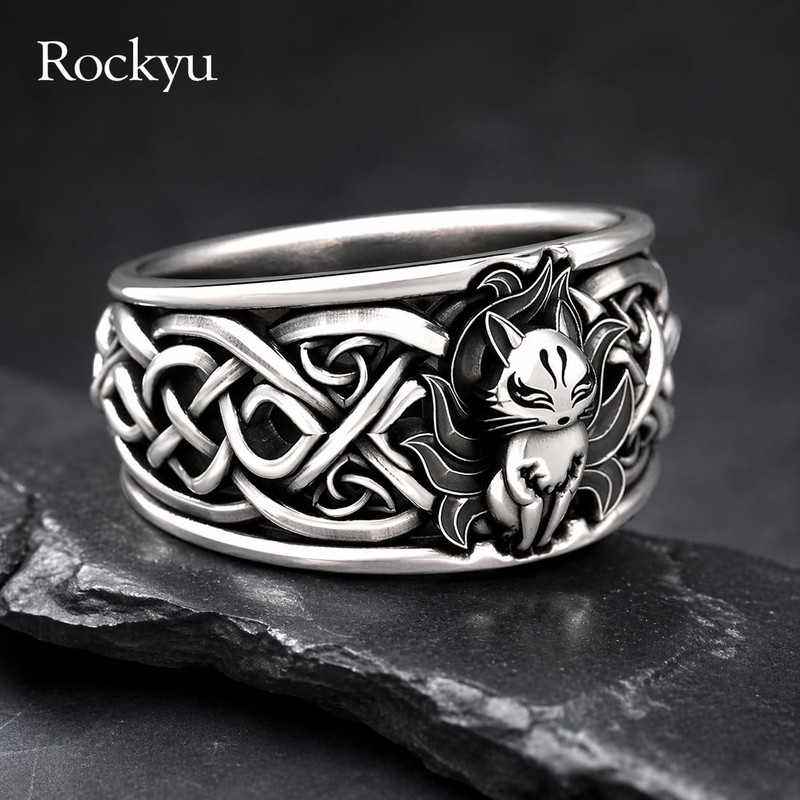 Rockyu Men's Silver Nine Tailed Fox Ring, Stylish, Stainless Steel,