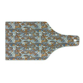 Ambesonne Vintage Cutting Board, Paisley Inspired Swirls Curls Floral Abstract Botanical Oriental, Decorative Tempered Glass Cutting and Serving Board, Wine Bottle Shape, Orange Pale Blue Cream