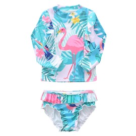 Baby Girls Two Piece Swimsuits Set Long Sleeve Rash Guard Bathing Suits with UPF 50+ Sun Protection for Girls Hawaiian Flamingo 24 Months