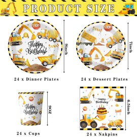 96PCS Construction Birthday Party Supplies,Construction Party Decorations Includes Plates, Cups, Napkins, Truck Construction Themed Birthday Party for Boys Kids,Serves 24 Guests