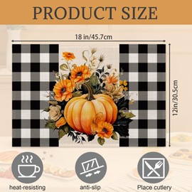 Pumpkin Plaid Placemats Set of 6,Washable Heat Resistant 12×18 Inch Linen Table Mats Fall Place Mats for Party Outdoor Dining Décor