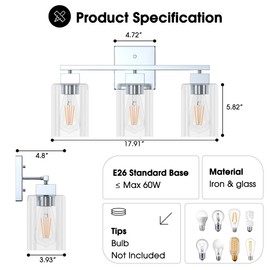 Espird Chrome Bathroom Vanity Light - 3 Light Bathroom Light Fixture Square Design & UL Certification, Bathroom Lighting Fixtures Over Mirror, Silver Bathroom Vanity Light Fixture for Bathroom