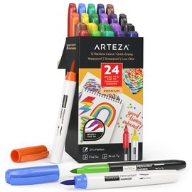 ARTEZA Colored Permanent Markers, Set of 24, Fine & Brush Tip Pens