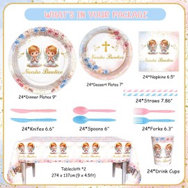 AIBIIN 194 Pcs Boho Nuestro Bautizo Baptism Party Decorations Supplies Twins First Holy Communion Party Decorations God Bless Disposable Tableware Set with Plates Napkins and Tablecloth Serves 24