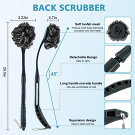 Loofah with Handle, 20.5'' Replaceable Shower Loofah to Improve Skin Health, Body Scrubber, for Women and Men with String for Easy Hanging（Dark Black）