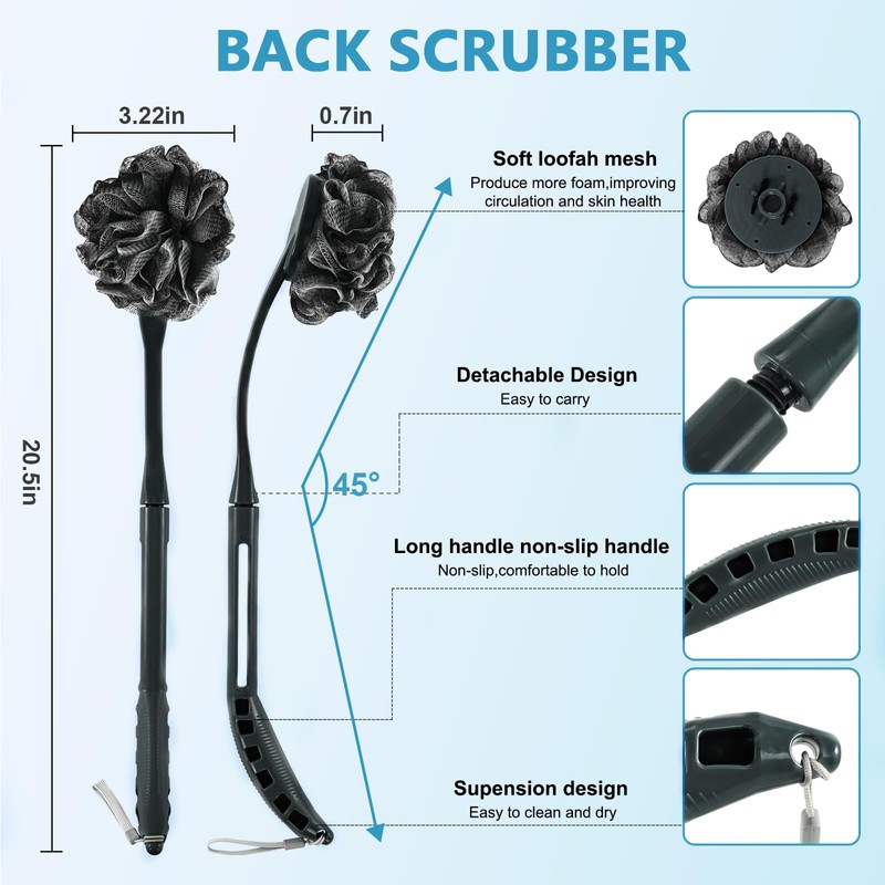 Loofah with Handle, 20.5'' Replaceable Shower Loofah to Improve Skin