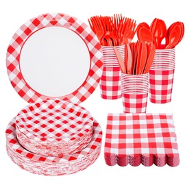175Pcs Red Gingham Party Supplies Gingham Paper Plates and Napkins Cups Plaid Party Plate Disposable Red and White Checkered Plates for Christmas Birthday Family Picnic BBQ ，Serves 25