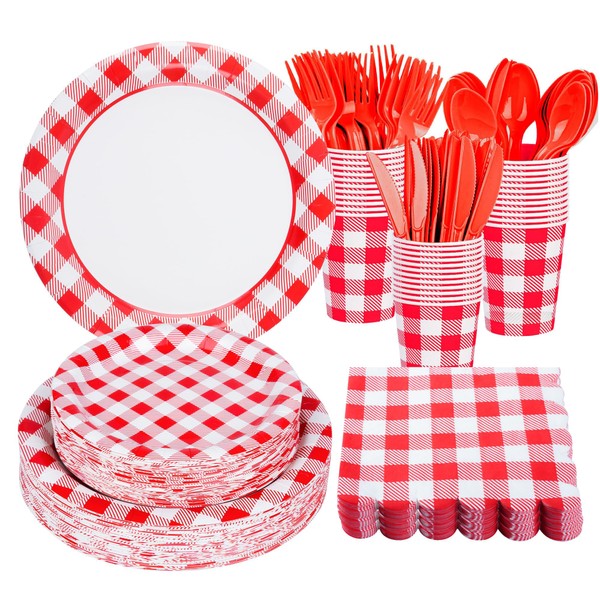 175Pcs Red Gingham Party Supplies Gingham Paper Plates and Napkins