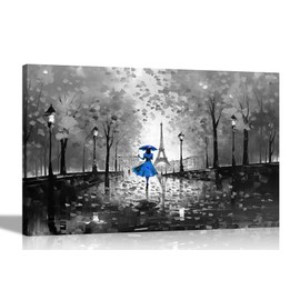 Black and White Autumn Stroll in Paris Blue Colourful Canvas Wall Art for Living Room | Abstract Pictures and Prints Ready to Hang 30 x 20cm (12 x 8 inches) A4