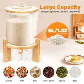 XUFOPLY Rice Dispenser, 5L Cereal Dry Food Dispenser Glass Food Storge Container with Valve+Lid+Measuring Cup+Wooden Stand for Kitchen Organization and Pantry Store (5L)