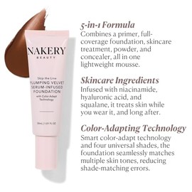 Base de maquillaje Nakery 5 en 1 con cobertura total y acabado mate natural, adaptable a tonos de piel claro, medio y oscuro