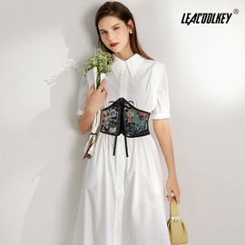 LEACOOLKEY Women's Floral Corset Belt Lacing Tied Waspie Wide Waist Belt Renaissance Costume Corset Belt for Dresses, A-Black