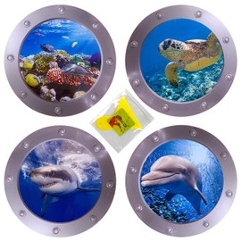 4 PCS Ocean World Wall Window Stickers, 11 Inches Porthole 3D Sea Turtle, Shark, Dolphin Window Sticker Sea Life Wall Window Decor