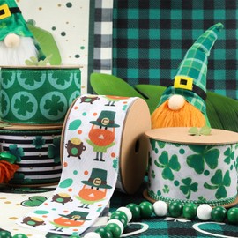 LaRibbons St Patricks Day Ribbon 2.5 Inch x 10 Yards, Green Hat Ribbon Wired with Leprechaun and Pot for Crafts Wreath Bow Gift Wrapping DIY Decoration