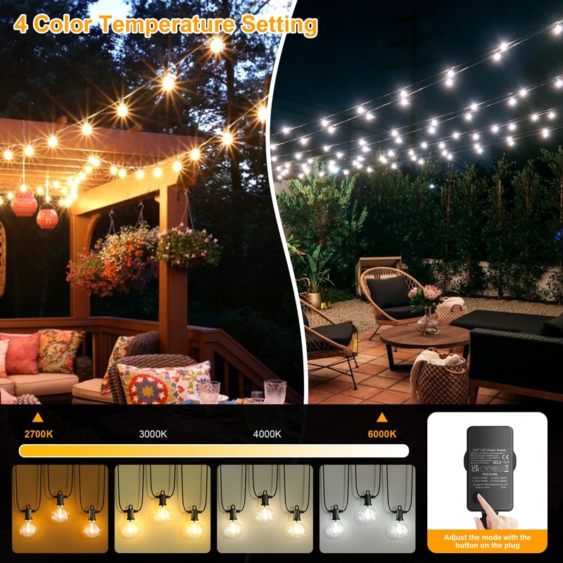Zuske Outdoor String Lights, 100FT 4-Color LED Patio Lights with
