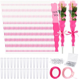 Feifeiya 302 Pcs Valentines Day Flower Packaging Kit 100 Flower Bag Single Rose Sleeve 100 Floral Water Tubes 100 Diamond Head Pins 2 Ribbon for Christmas Bouquet Flower Wrapping(Rose Red)