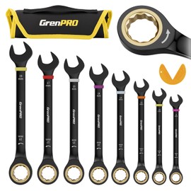 GRENPRO Ratcheting Wrench Set Metric And Standard, 9PC 8-19 mm 72Th Long Big Box Open End Ratchet Wrenches Organizer With Color Ring With Roll Up Pouch With 1 Gauge, Large Combination Wrench Tool Sets