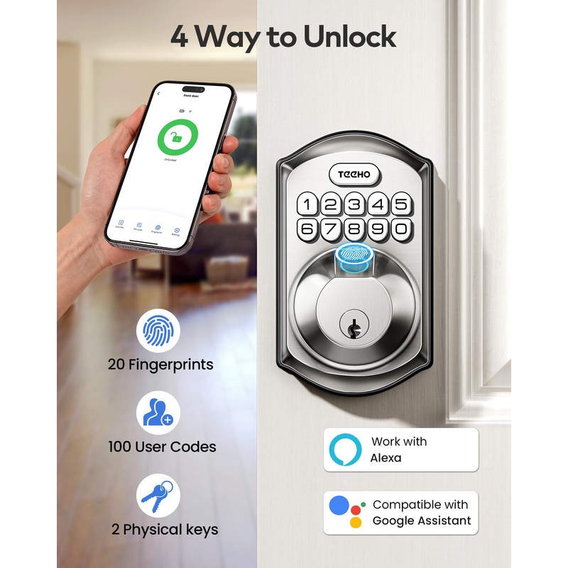 TEEHO WiFi Smart Lock TE012W, Fingerprint Door Lock with Built-in